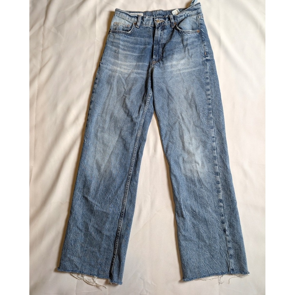 Zara Button Denim Wide Leg Jeans Cropped Distressed Hem Sz 4 Pockets Casual